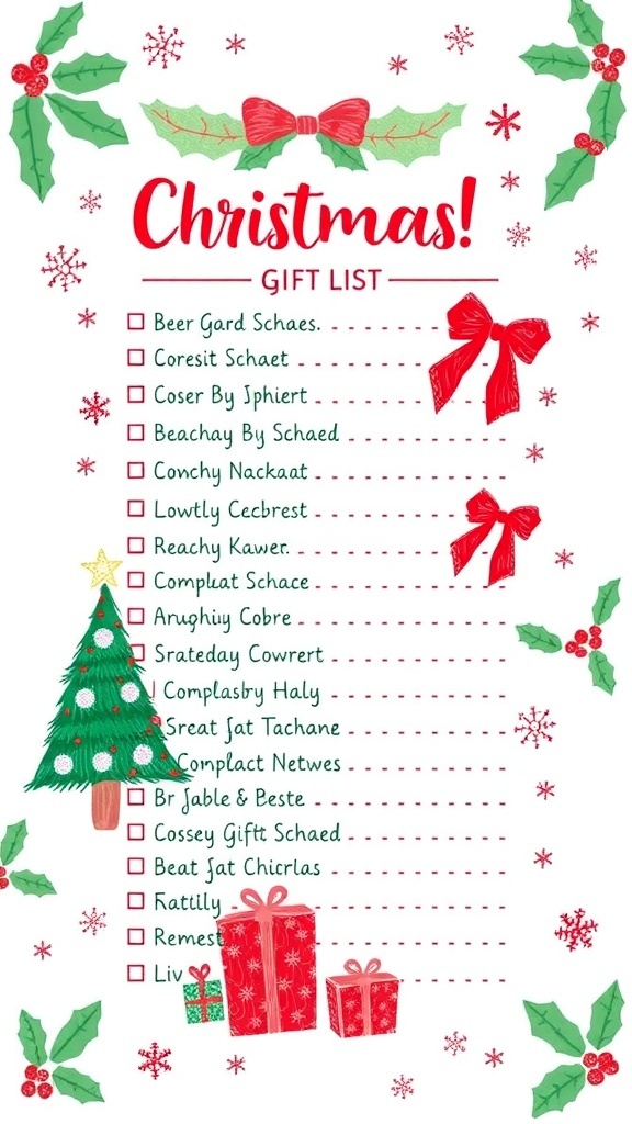 A colorful Christmas list with festive decorations and neatly written gift ideas.